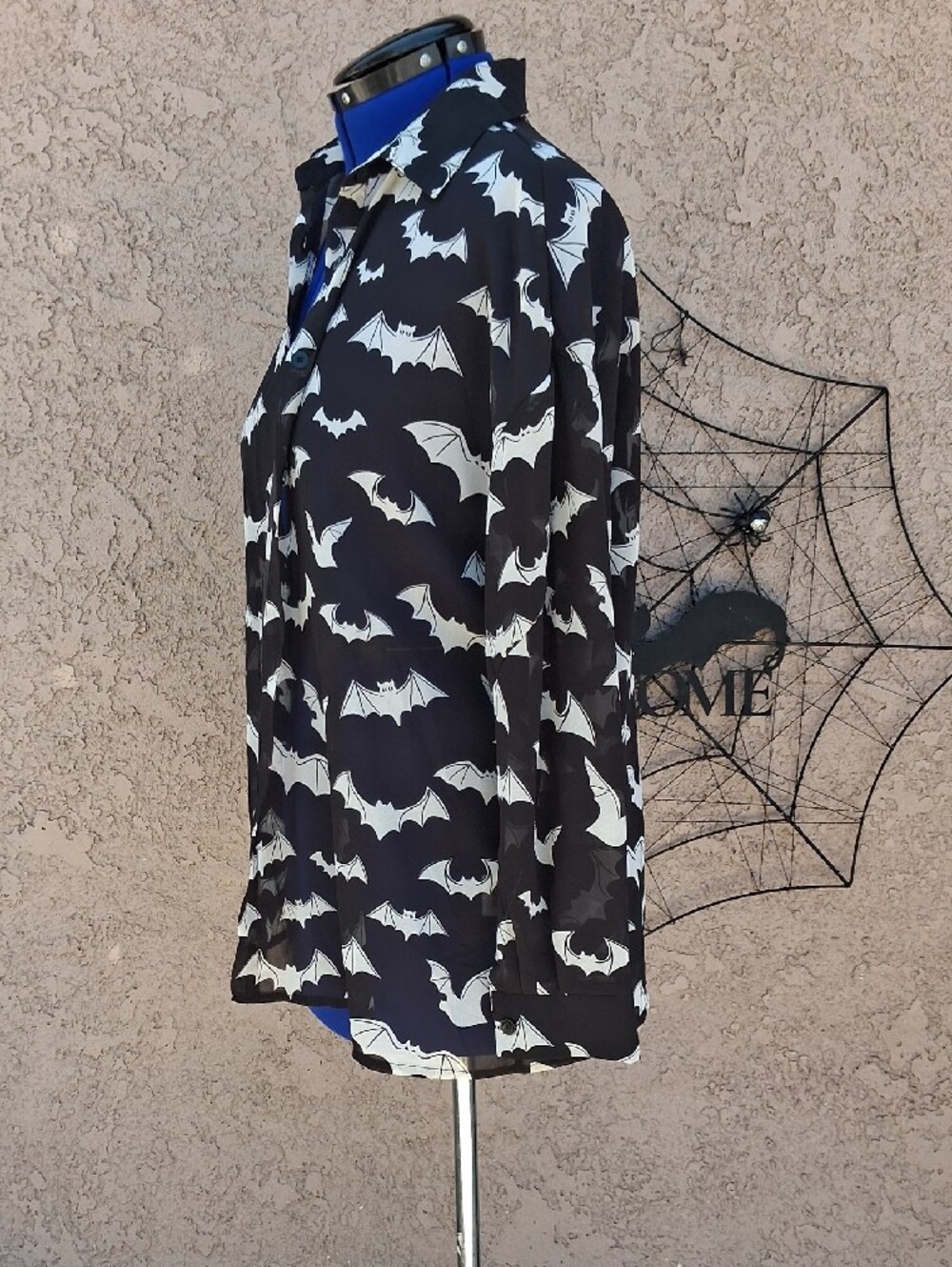 Black Sheer Bat Print Button-Up Shirt - Picture 6 of 7